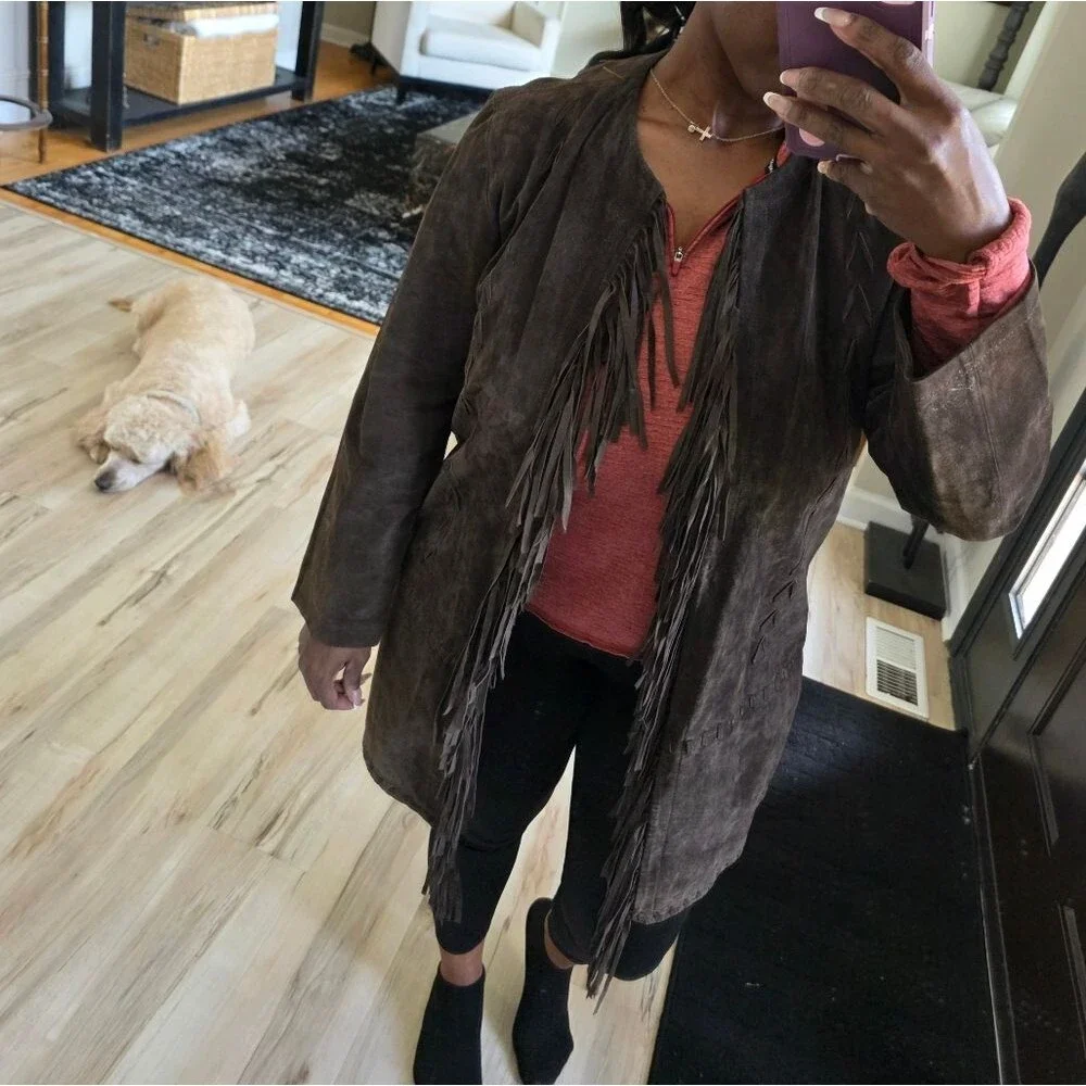 CHICOS DESIGN SUEDE Leather FRINGE Brown Single Hook Closure Jacket SIZE 1 US M - Picture 9 of 13